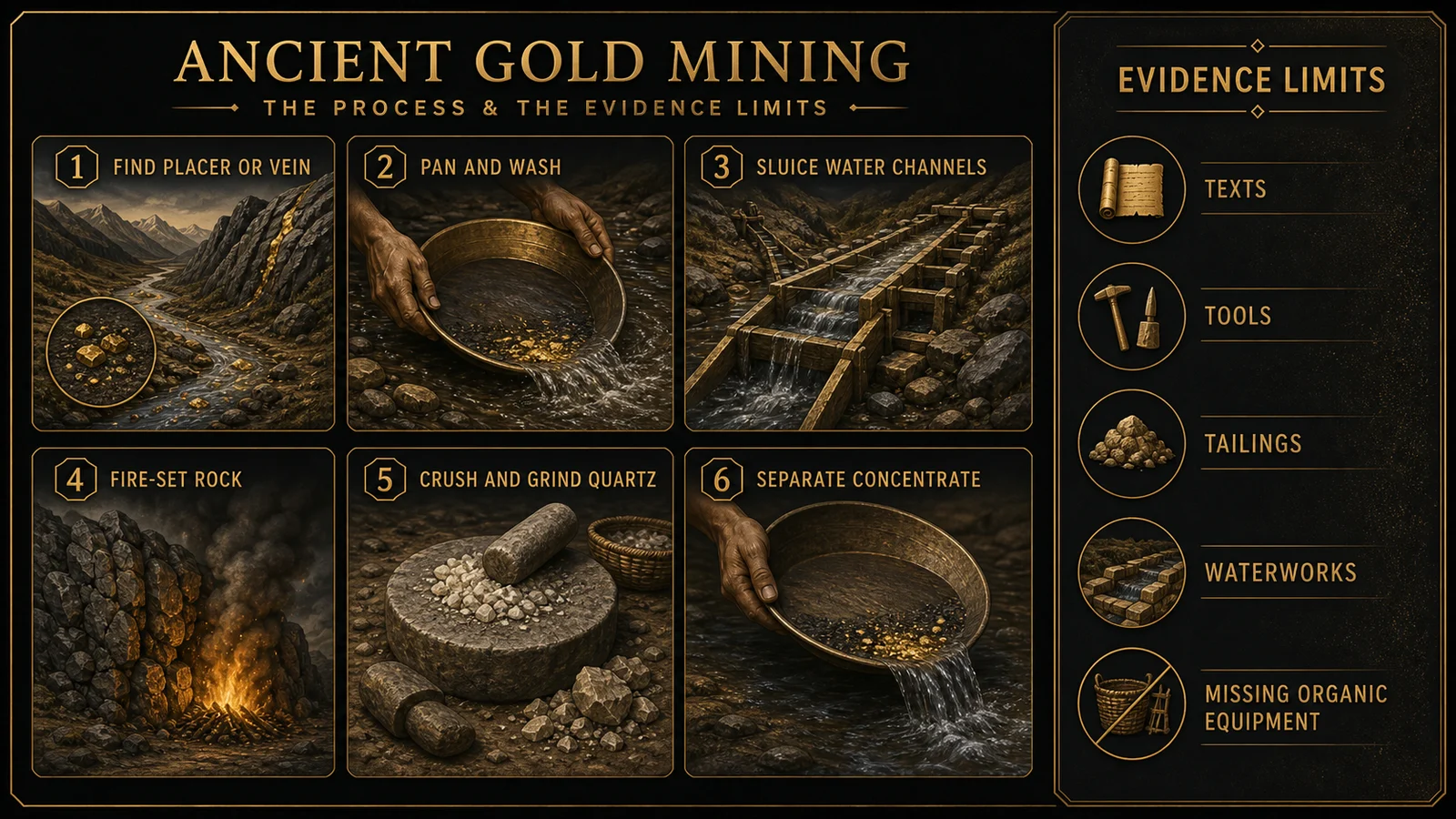 Infographic showing ancient gold mining steps from placer discovery to washing and evidence limits