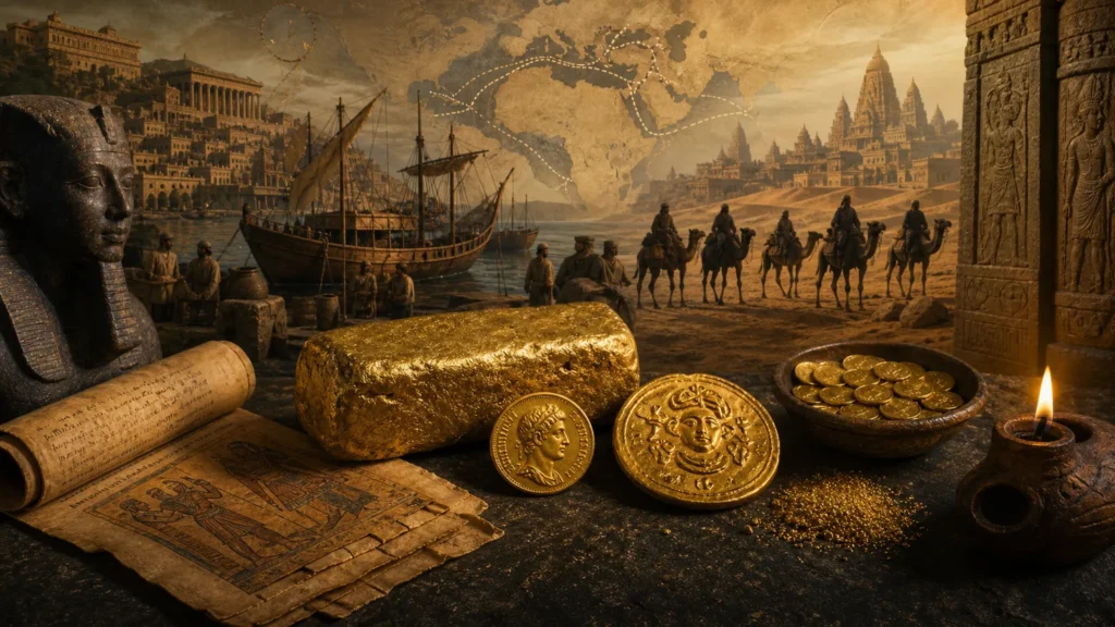 Ancient gold trade scene with coins, ingot, ships, caravan, and trade routes