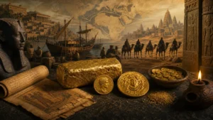 Ancient gold trade scene with coins, ingot, ships, caravan, and trade routes