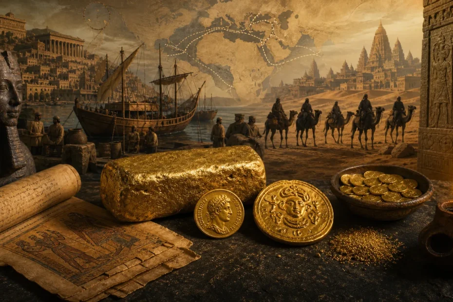 Ancient gold trade scene with coins, ingot, ships, caravan, and trade routes