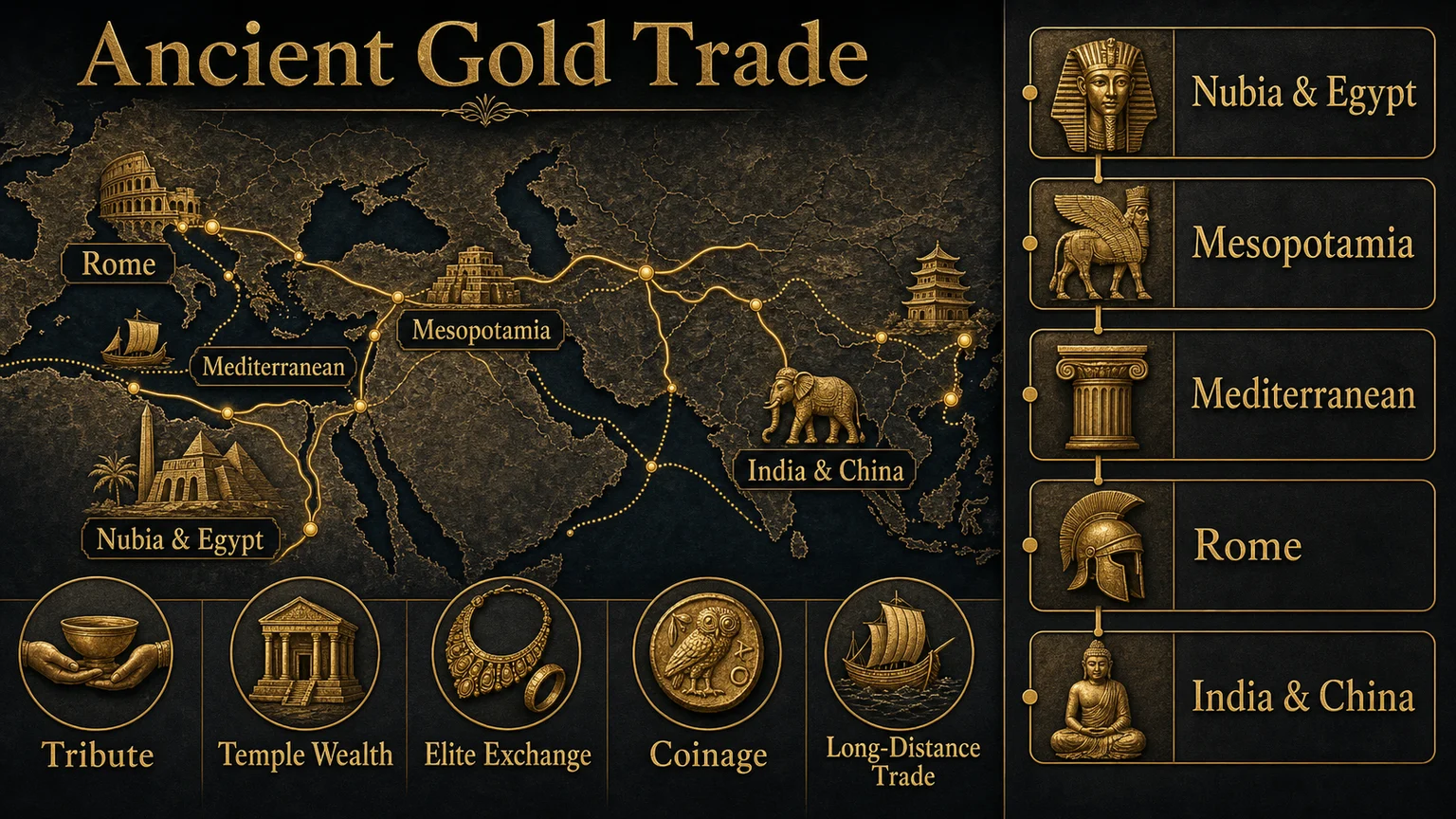 Infographic map showing ancient gold trade routes from Nubia and Egypt through Mesopotamia, Rome, India, and China
