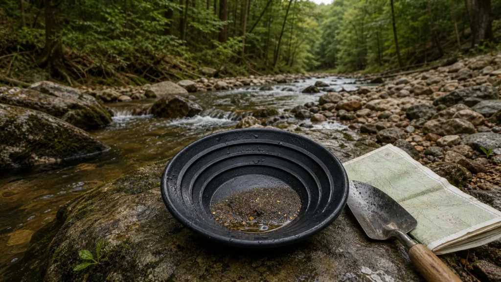 Gold pan beside an Arkansas woodland creek for a practical gold mining guide