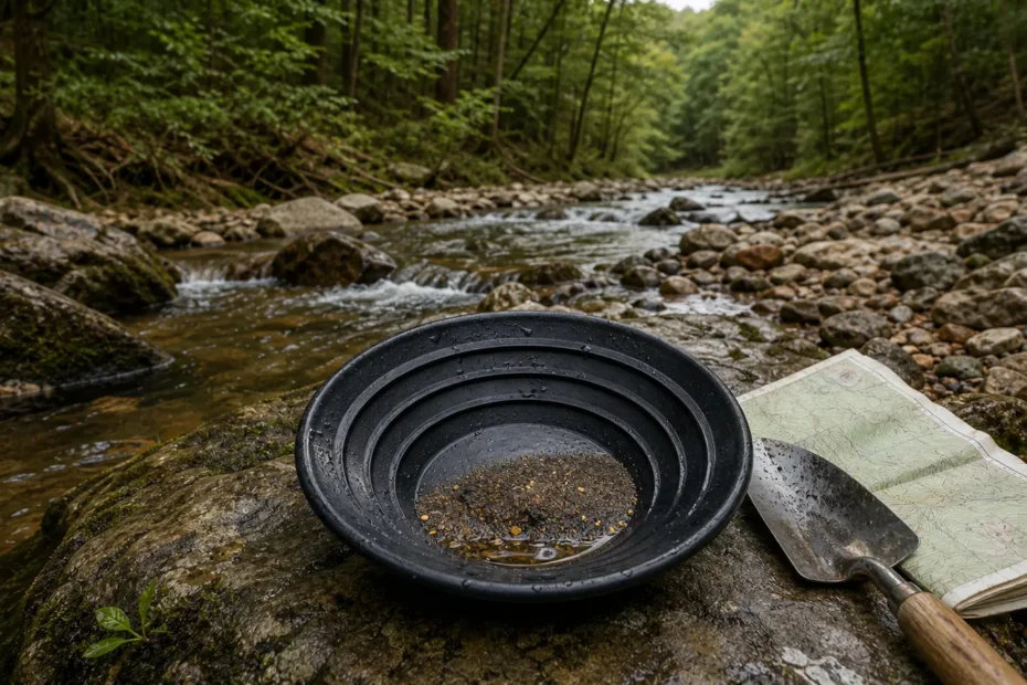 Gold pan beside an Arkansas woodland creek for a practical gold mining guide