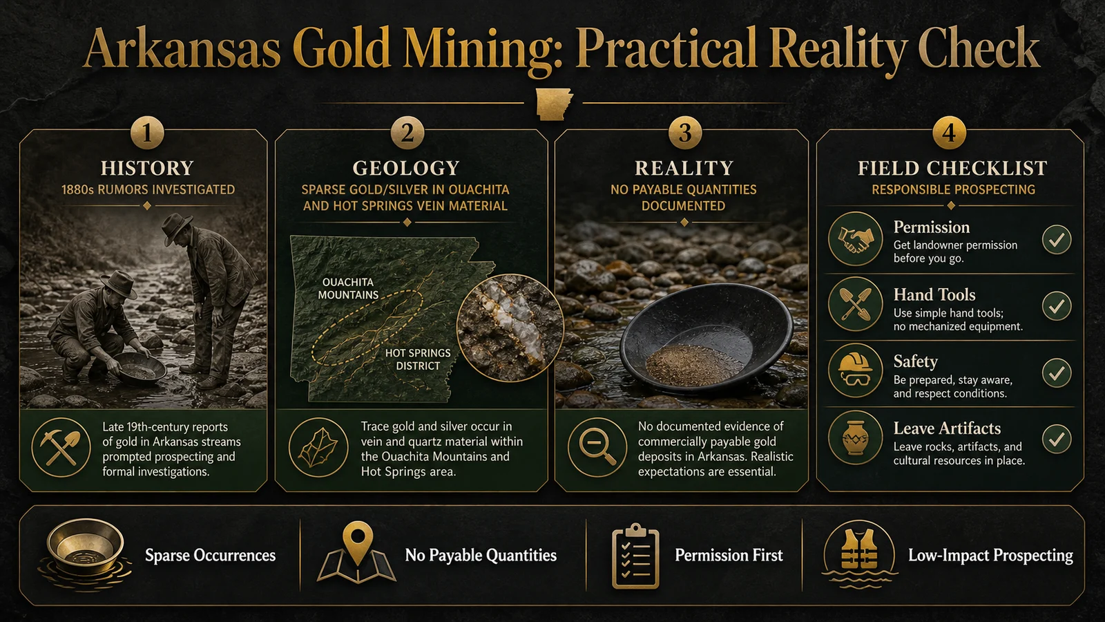 Infographic summarizing Arkansas gold mining history, geology, legality, and realistic expectations