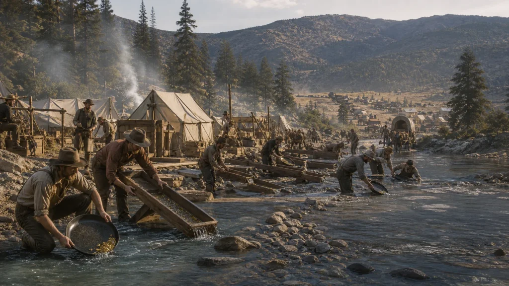 California Gold Rush miners working river placers and sluice boxes in a Sierra Nevada camp