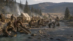 California Gold Rush miners working river placers and sluice boxes in a Sierra Nevada camp