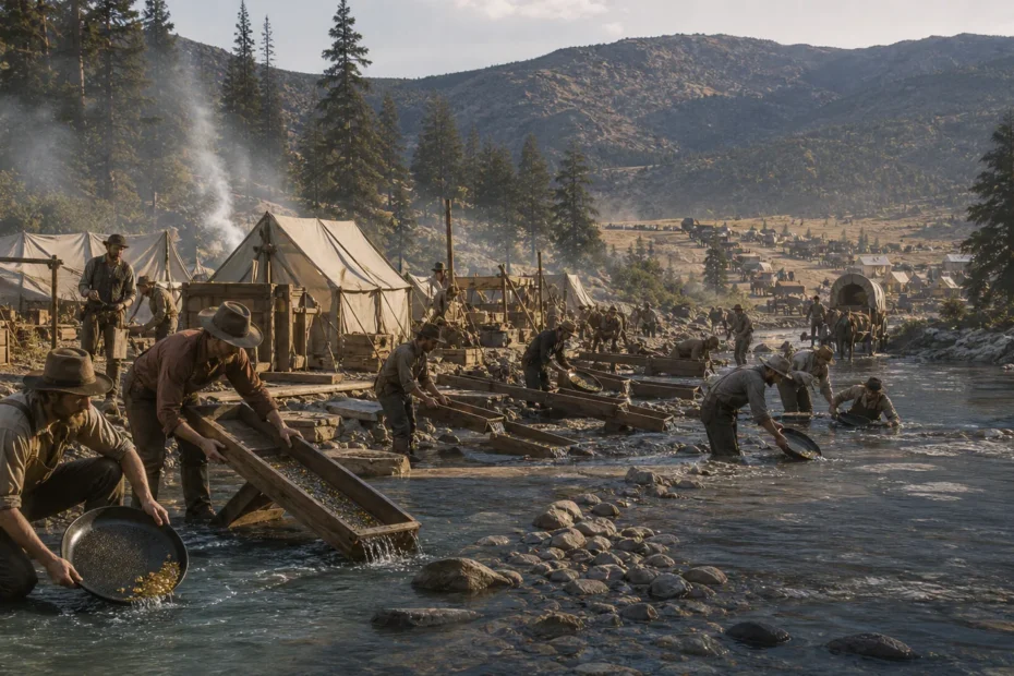 California Gold Rush miners working river placers and sluice boxes in a Sierra Nevada camp
