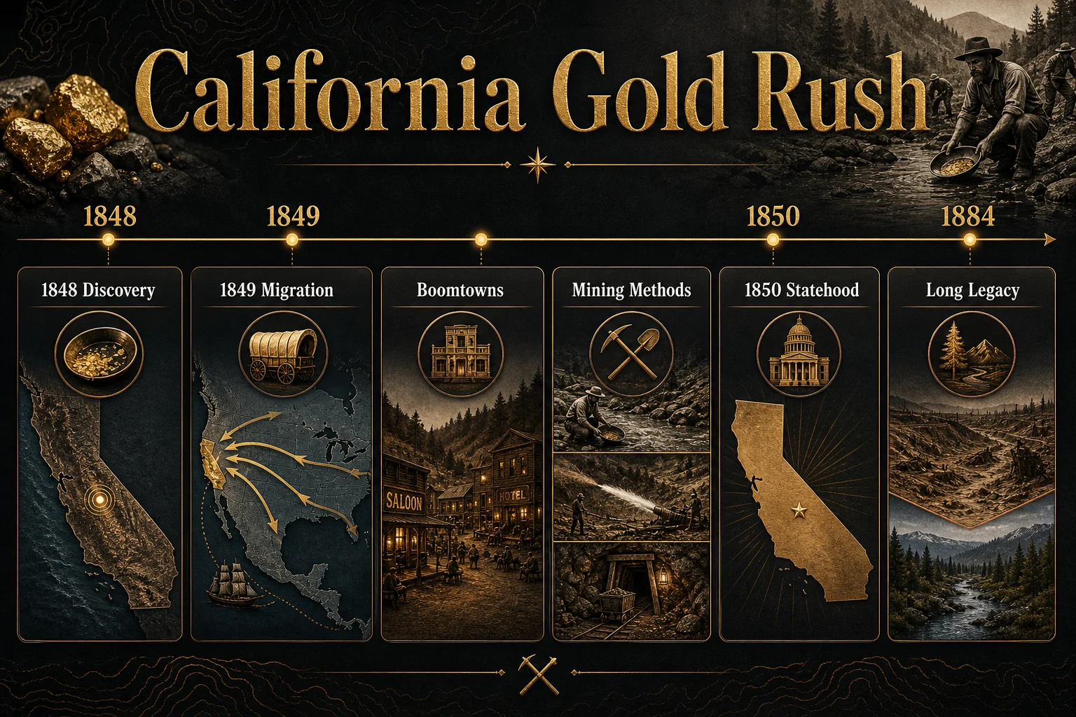 California Gold Rush infographic showing discovery, migration, boomtowns, mining methods, statehood, and long legacy