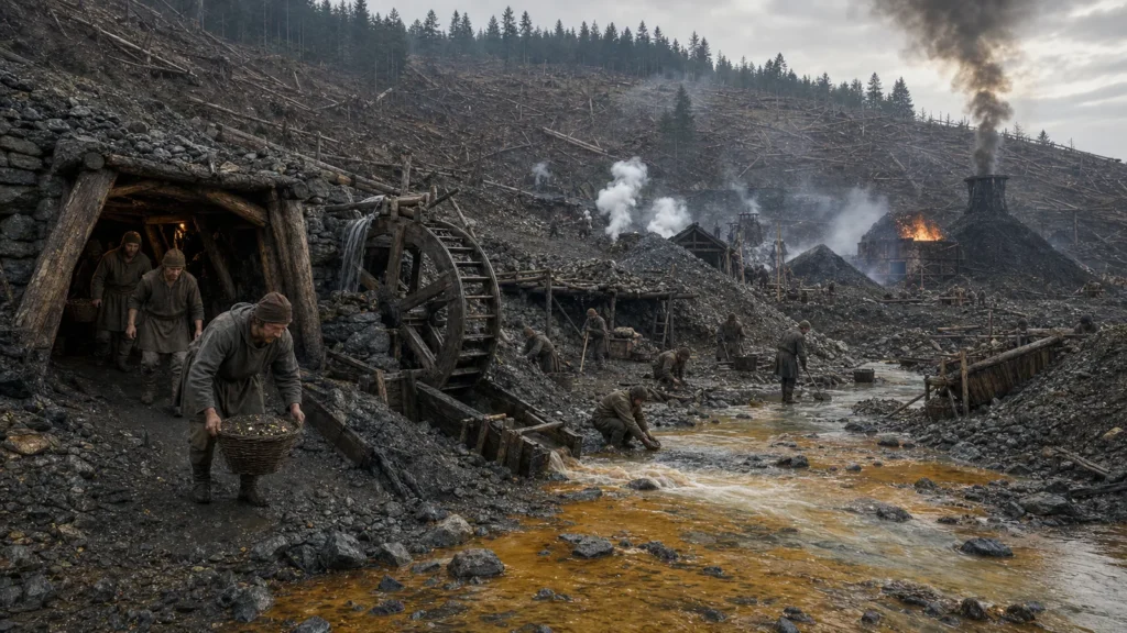 Medieval European mine with smelting smoke, deforested hillside, and polluted stream