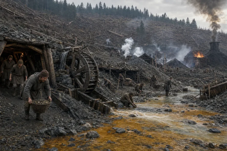 Medieval European mine with smelting smoke, deforested hillside, and polluted stream