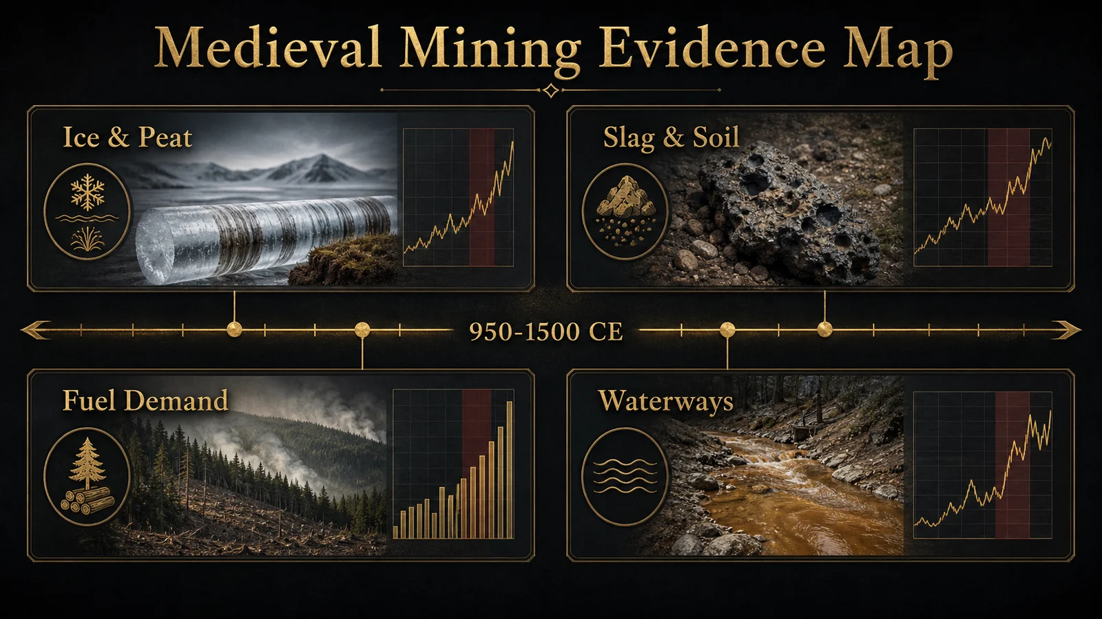 Infographic showing ice and peat records, slag and soil, fuel demand, and waterways as evidence for medieval mining impacts