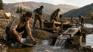 Early gold mining techniques with panning, rocker cradle, and sluice on a riverbank