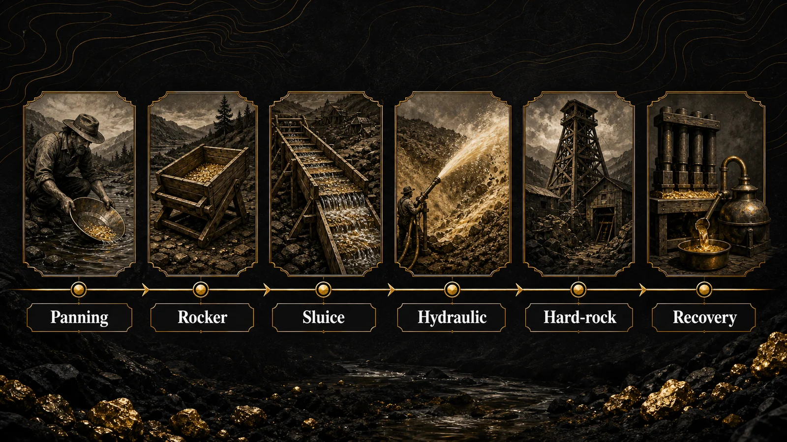 Timeline infographic showing early gold mining methods from panning to hard-rock recovery