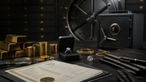 Gold bars, coins, diamond jewelry, appraisal documents, and safe storage in a secure vault setting