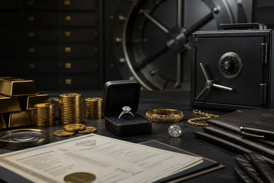 Gold bars, coins, diamond jewelry, appraisal documents, and safe storage in a secure vault setting