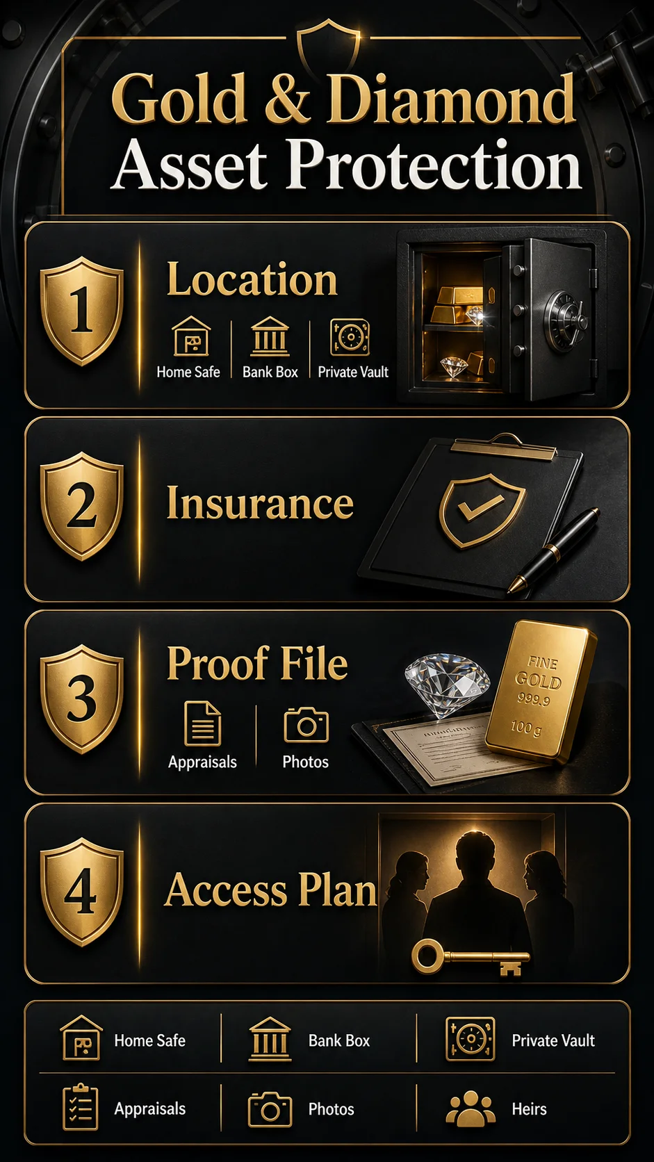 Infographic showing the gold and diamond asset protection system: location, insurance, proof file, and access plan
