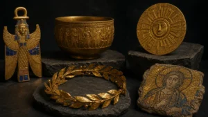Museum-style display of ancient sacred gold objects from several civilizations