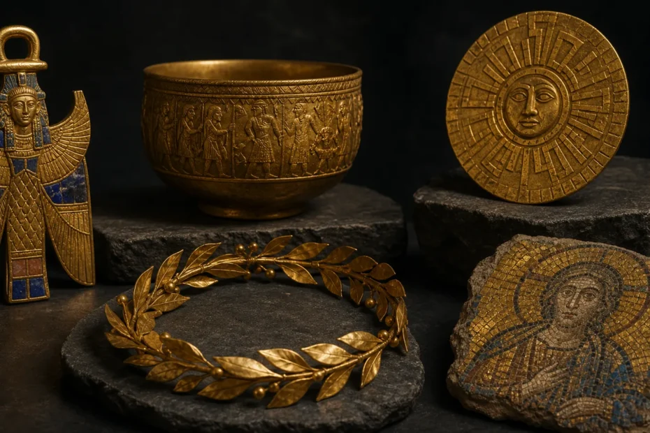 Museum-style display of ancient sacred gold objects from several civilizations