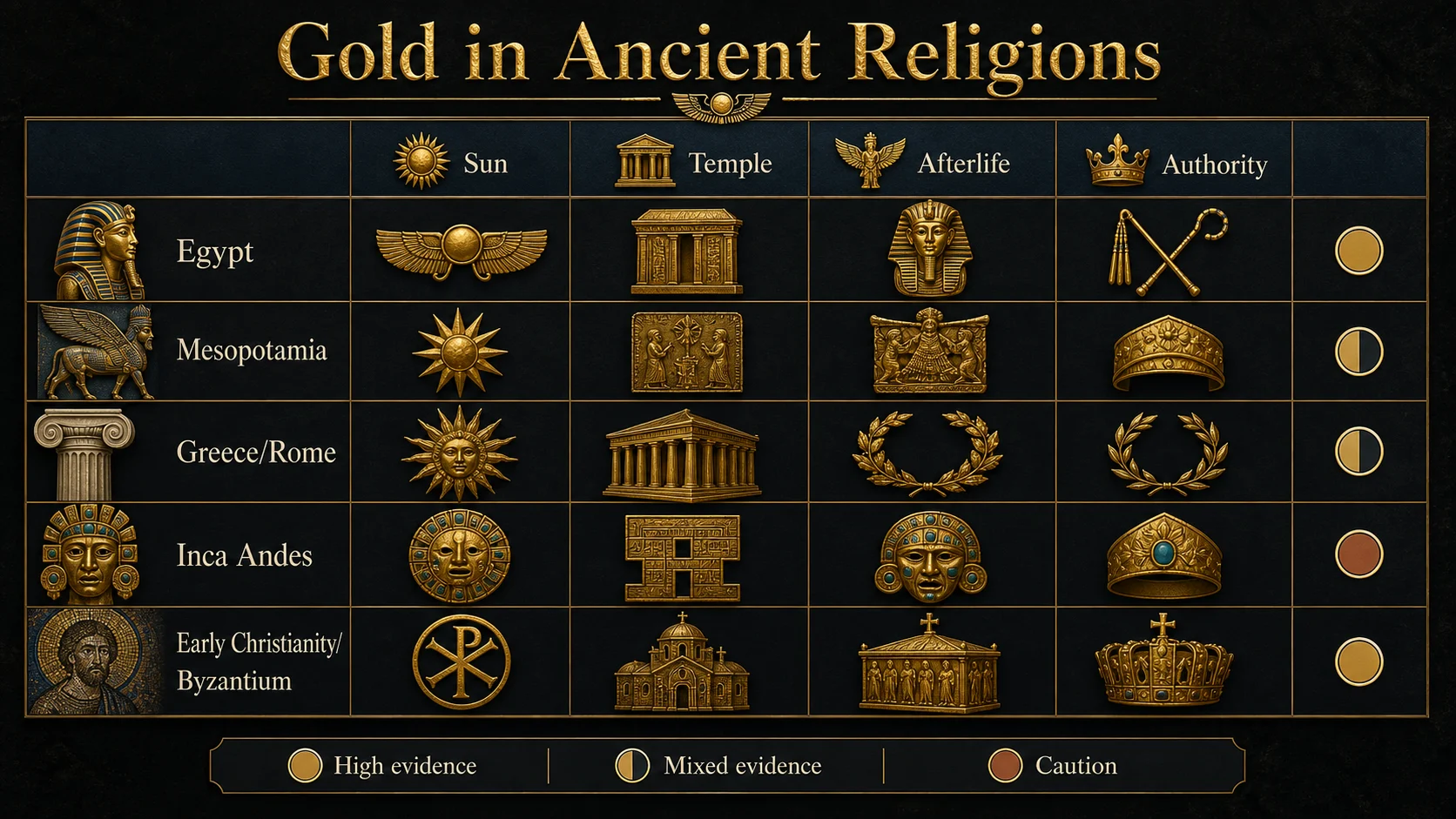 Infographic comparing ancient religious uses of gold across major civilizations