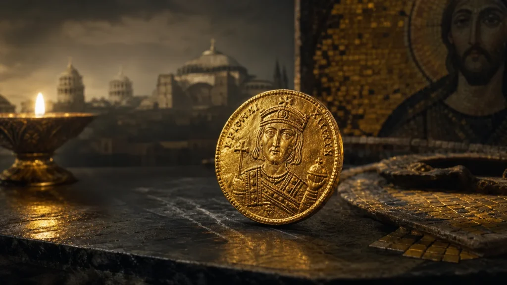 Byzantine gold solidus coin with Constantinople and mosaic background