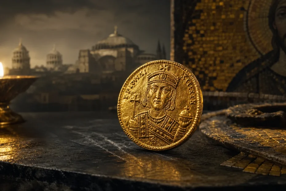 Byzantine gold solidus coin with Constantinople and mosaic background