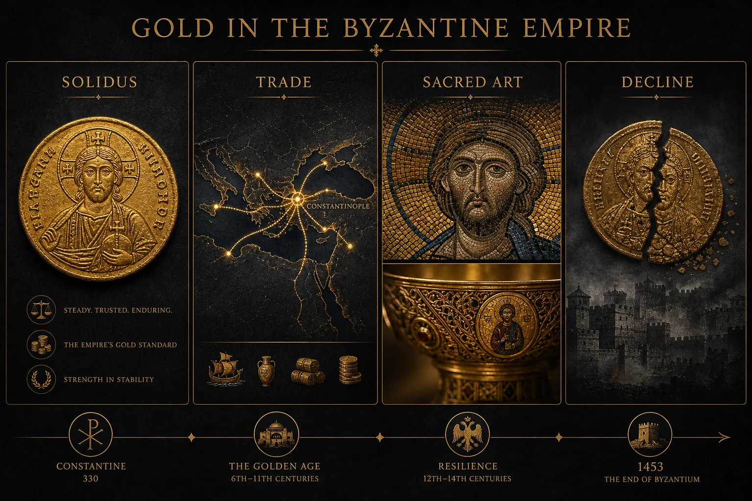 Infographic showing Byzantine gold through solidus coinage trade sacred art and decline