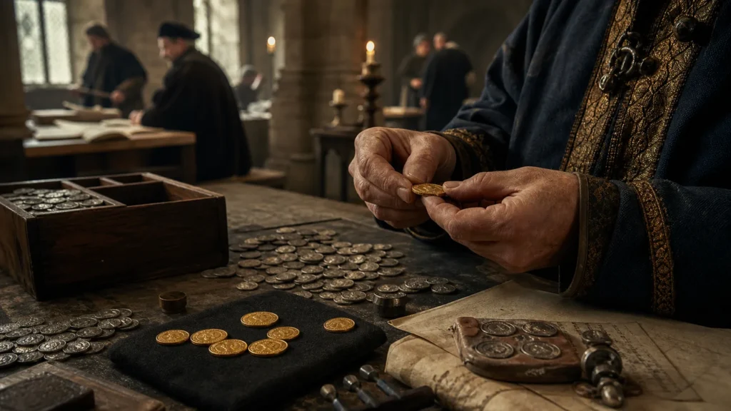 Carolingian mint official examining a rare gold coin beside silver deniers