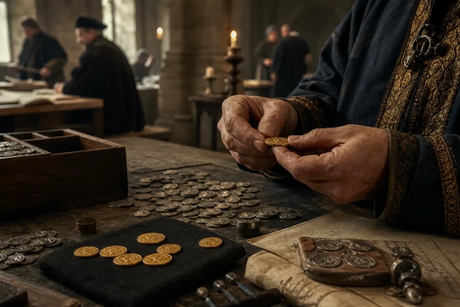Carolingian mint official examining a rare gold coin beside silver deniers