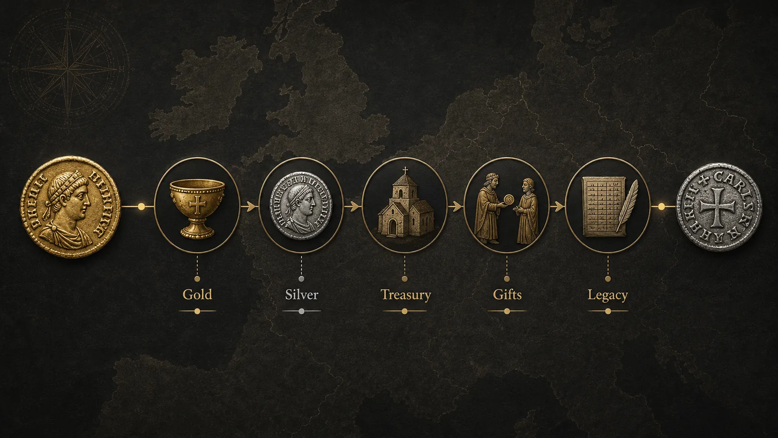 Infographic timeline showing gold, silver, treasury, gifts, and legacy in the Carolingian Empire