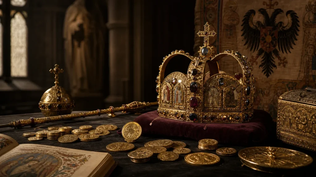 Imperial crown, regalia and gold coins representing gold in the Holy Roman Empire