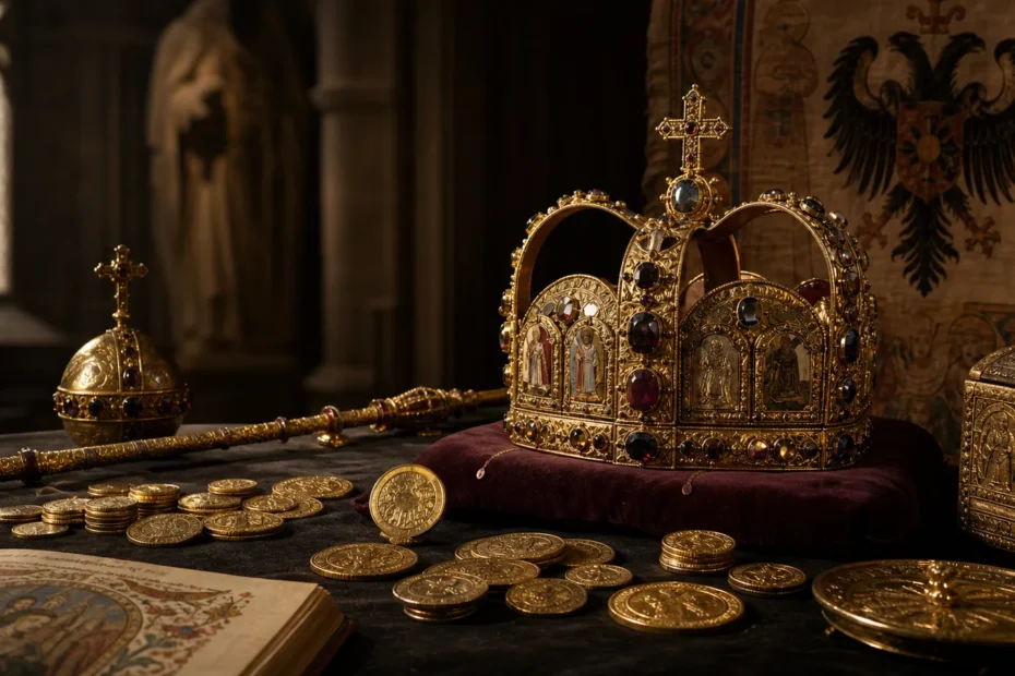 Imperial crown, regalia and gold coins representing gold in the Holy Roman Empire