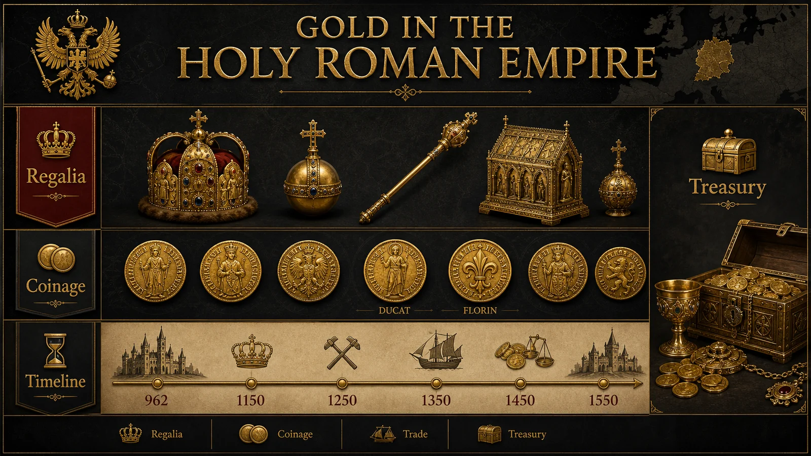 Infographic showing Holy Roman Empire gold regalia coinage trade and timeline