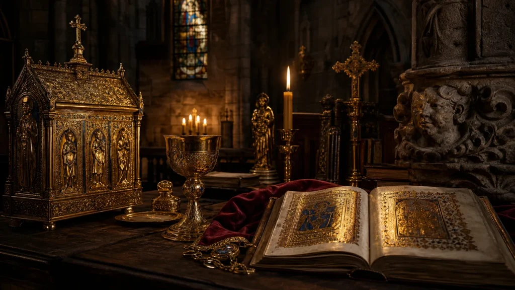 Medieval church treasury with gilded reliquary chalice and illuminated manuscript