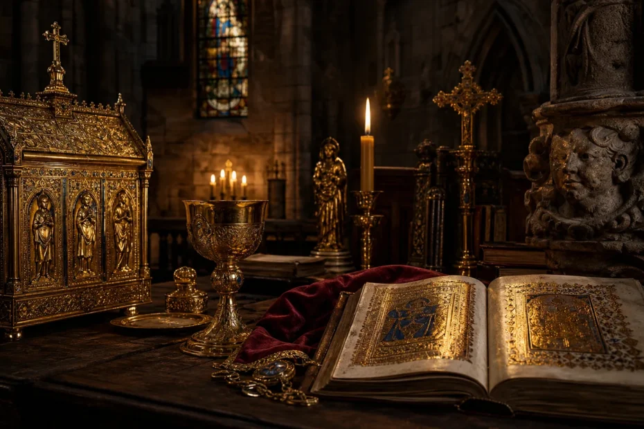 Medieval church treasury with gilded reliquary chalice and illuminated manuscript