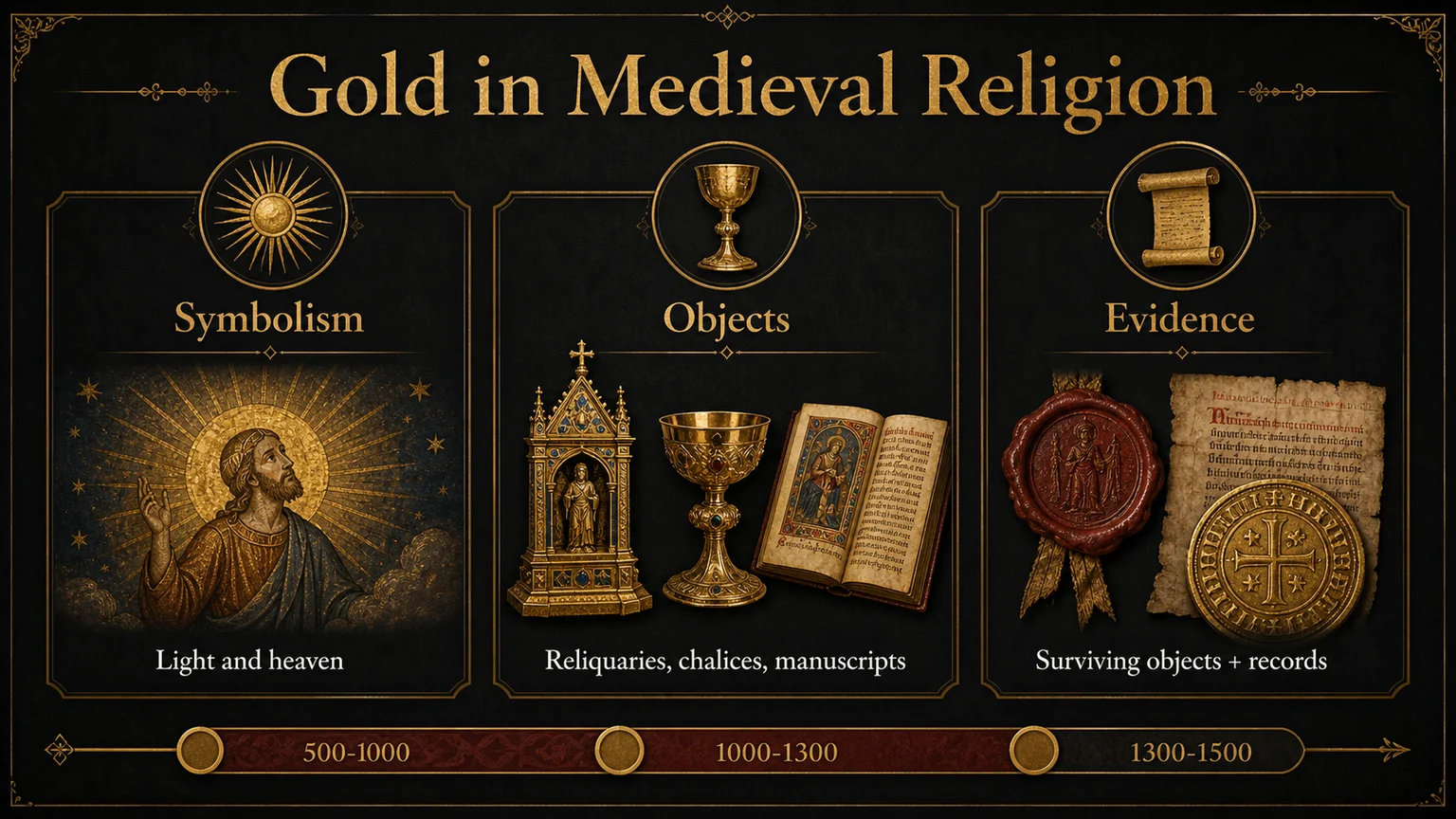 Infographic explaining medieval religious gold symbolism objects and evidence