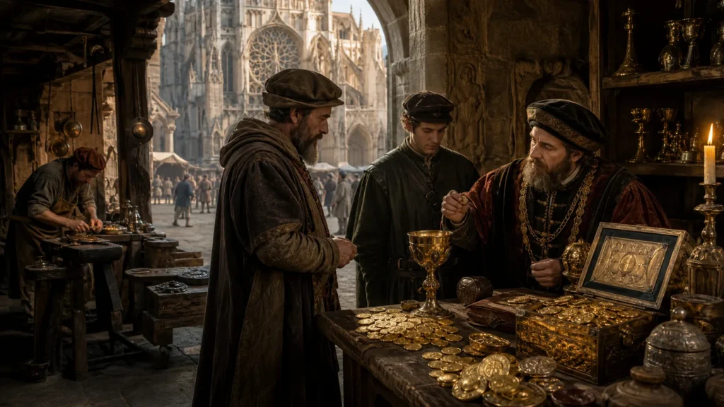 Medieval gold merchant, church treasury, coins, and goldsmith workshop