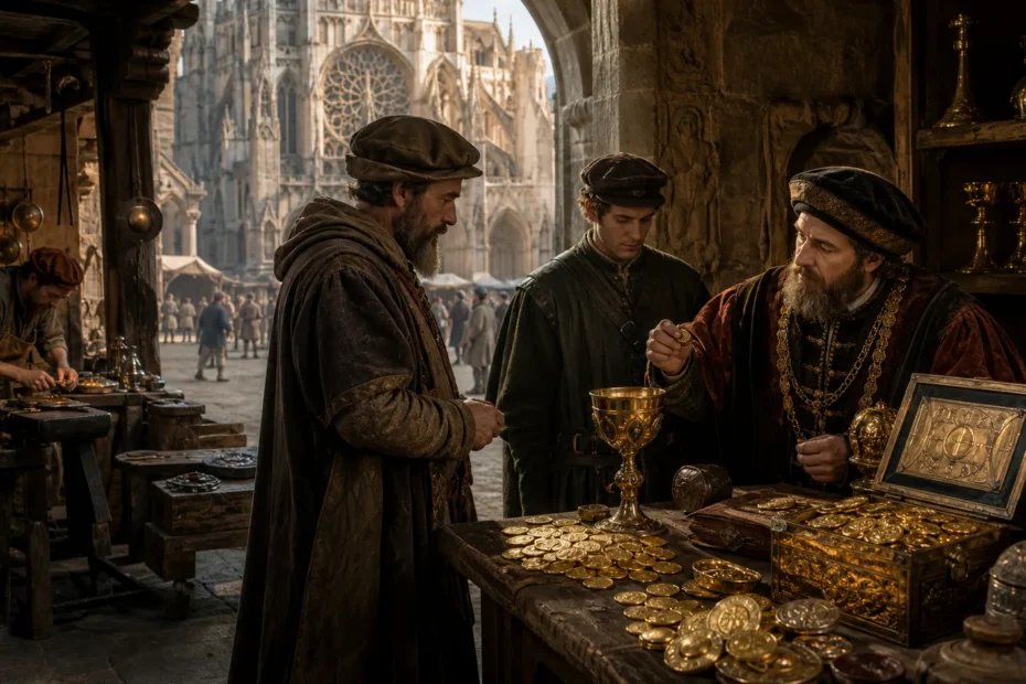 Medieval gold merchant, church treasury, coins, and goldsmith workshop