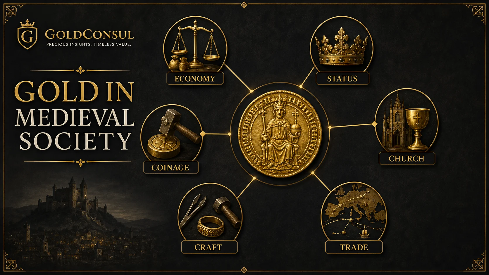 Infographic showing gold's role in medieval economy, status, church, coinage, craft, and trade