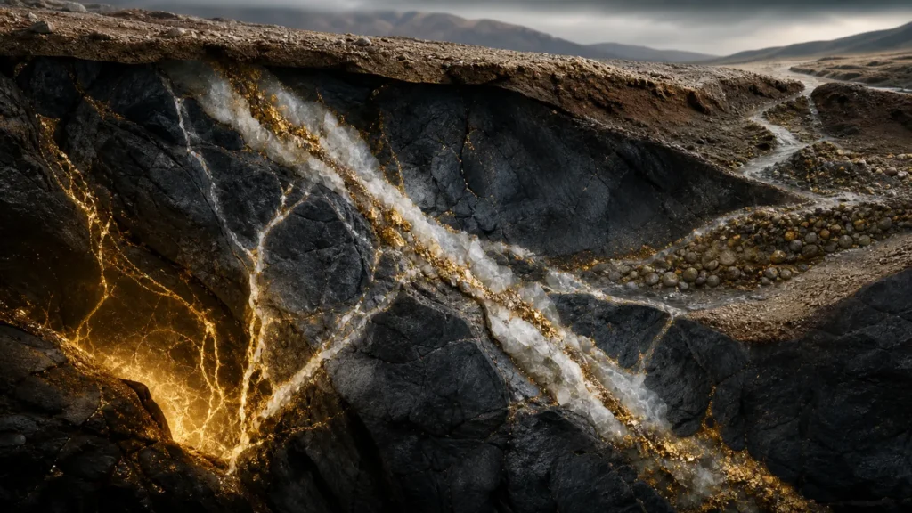 Cutaway geology scene showing gold-bearing quartz veins and placer sediment underground