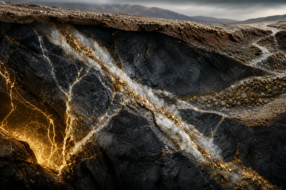 Cutaway geology scene showing gold-bearing quartz veins and placer sediment underground