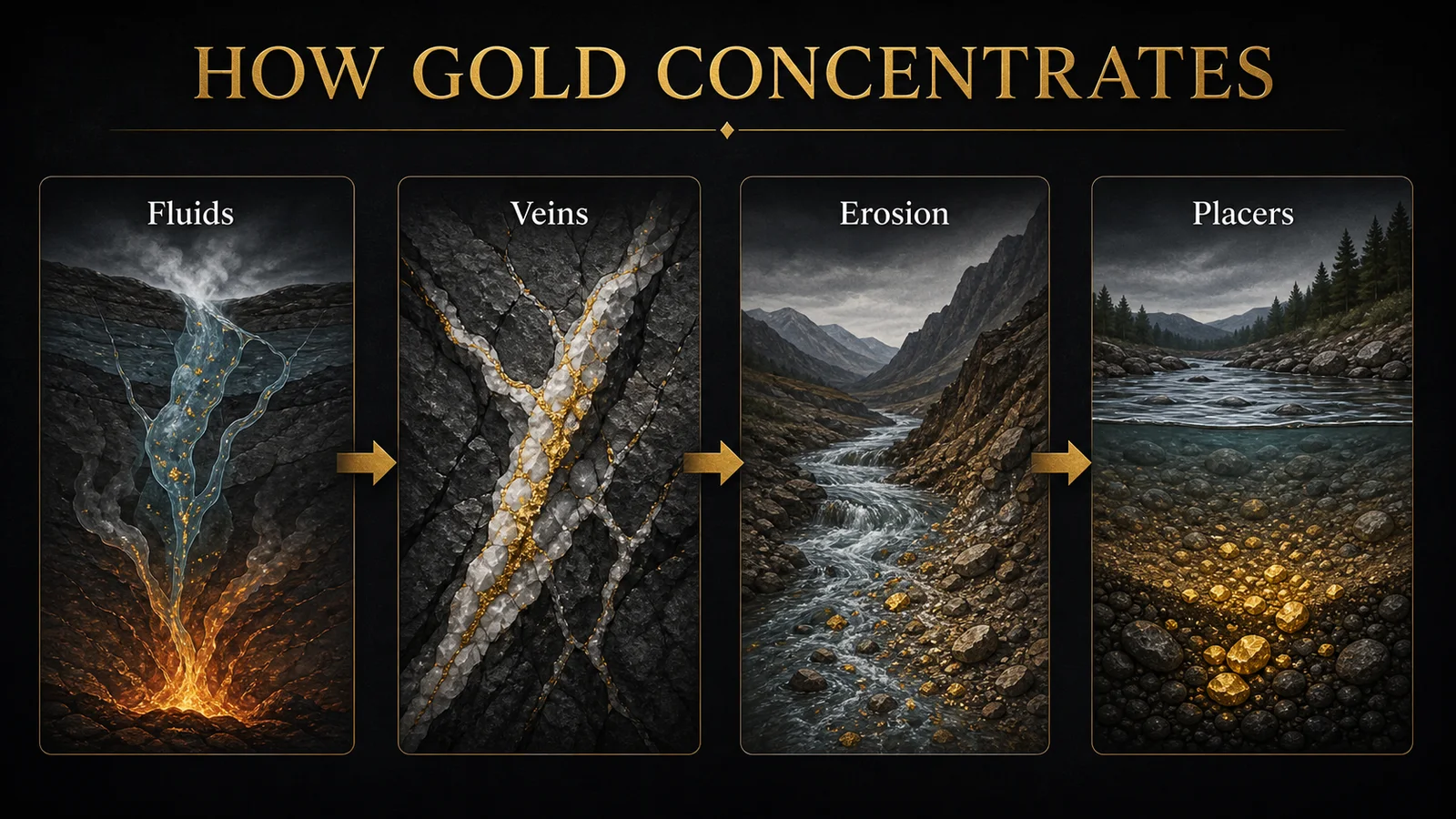 Infographic explaining how gold forms, moves through rock, and concentrates in placer deposits