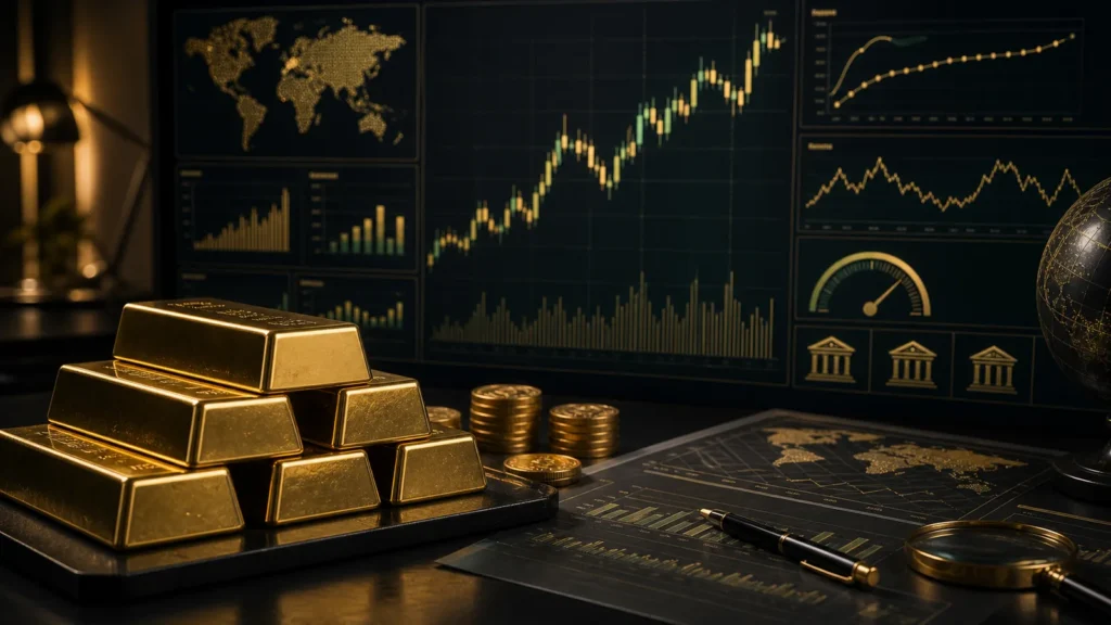Gold bars beside analytical market charts for gold indicators