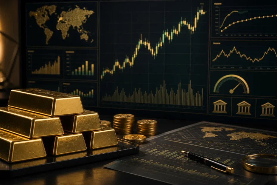 Gold bars beside analytical market charts for gold indicators