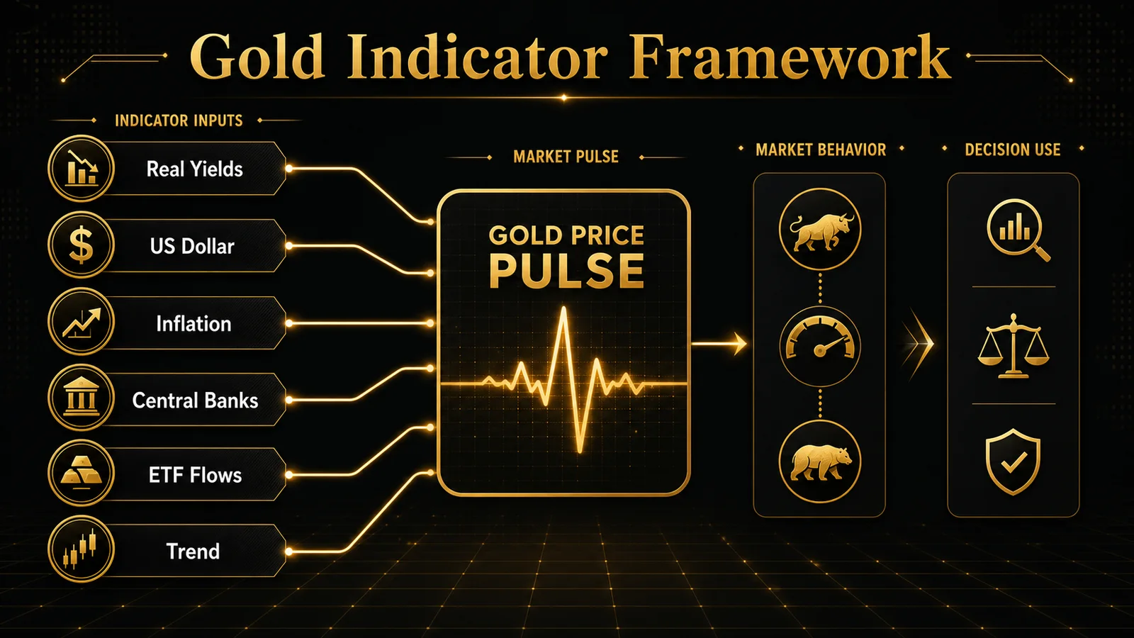 Infographic showing real yields, US dollar, inflation, central banks, ETF flows and trend as gold indicators