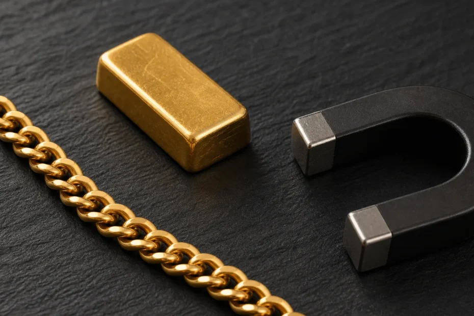 Gold chain, small gold bar, and magnet showing that gold does not stick to magnets