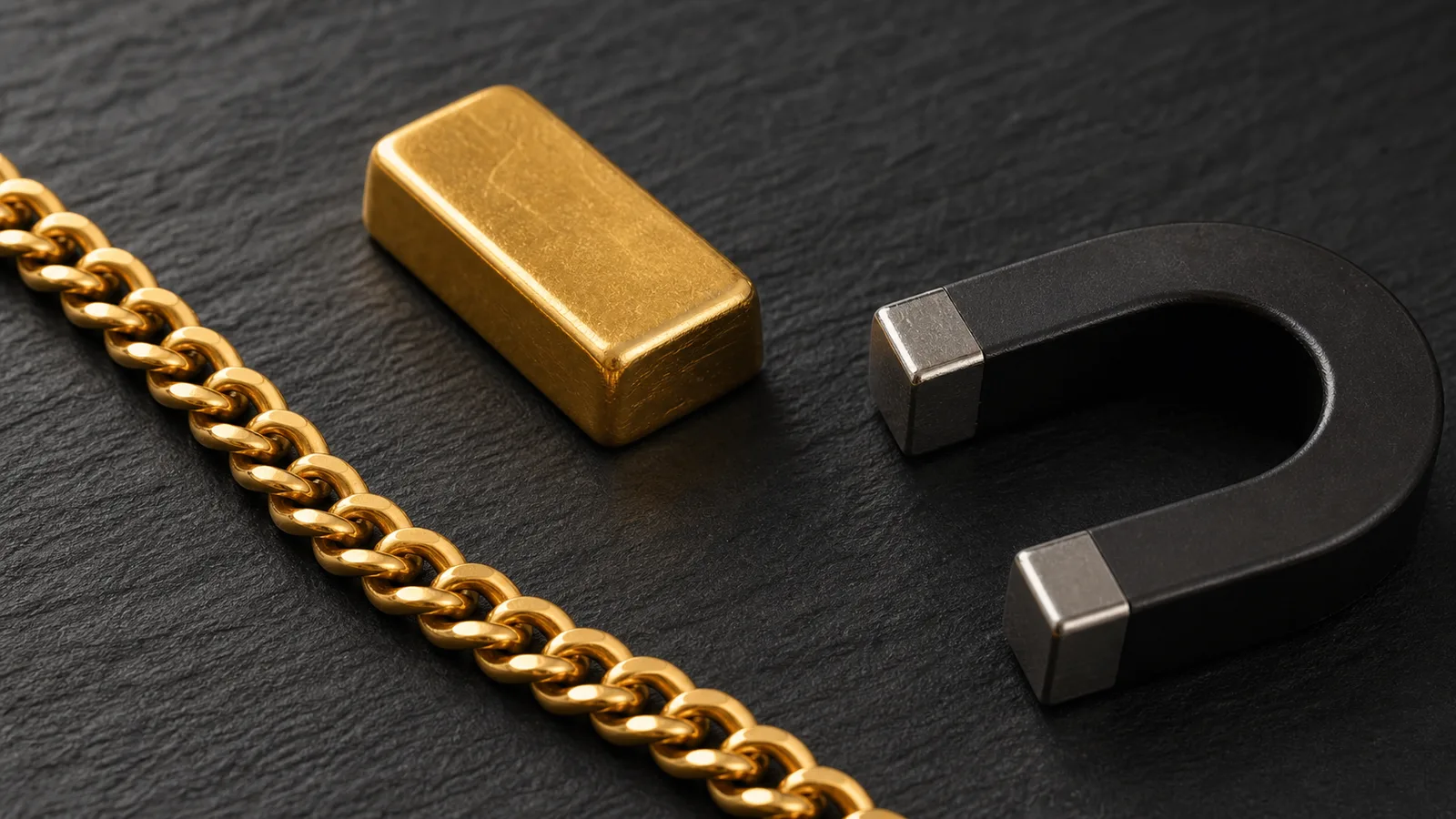 Gold test setup with a magnet and jewelry