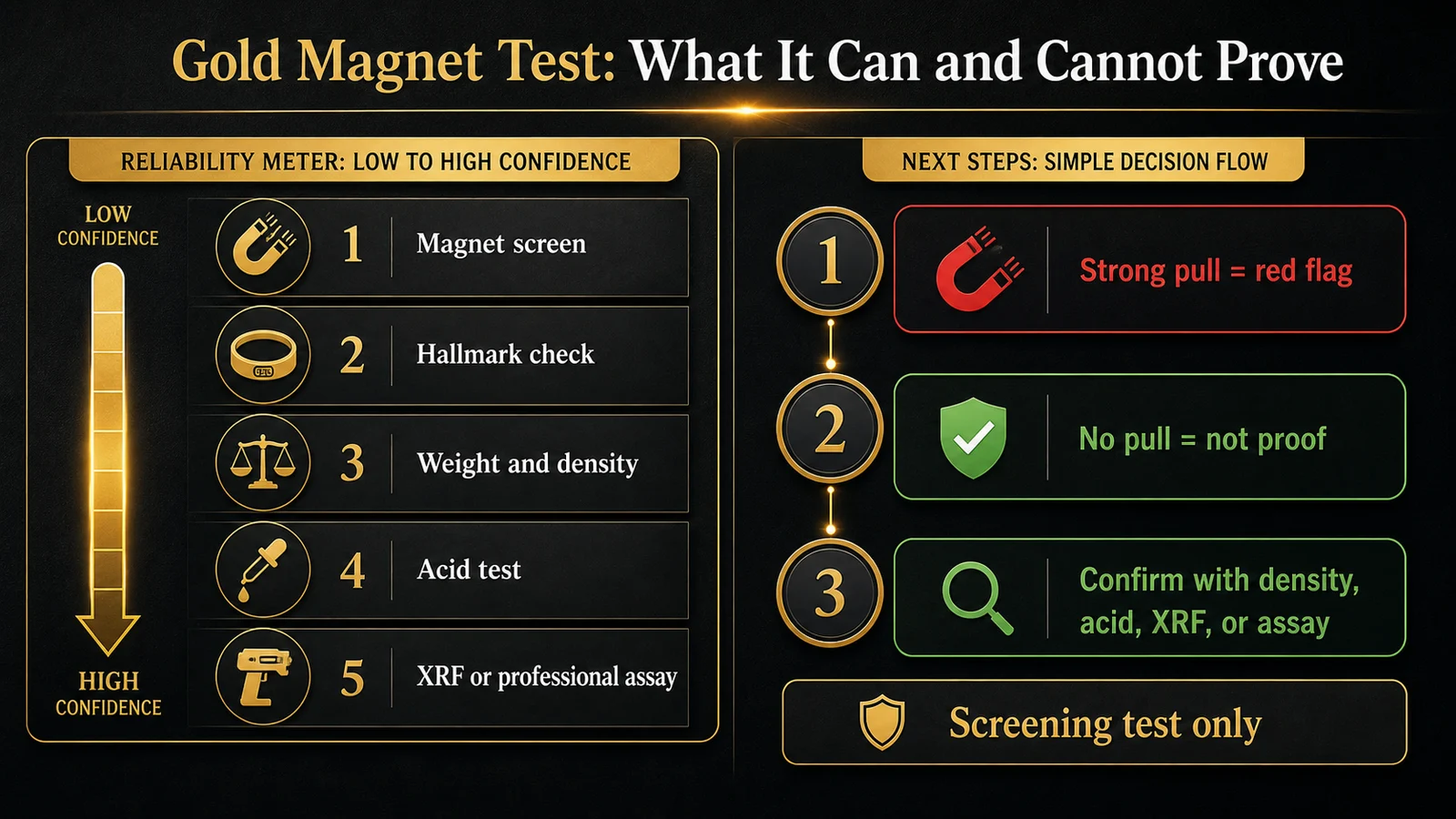 Infographic showing gold magnet test reliability and next steps