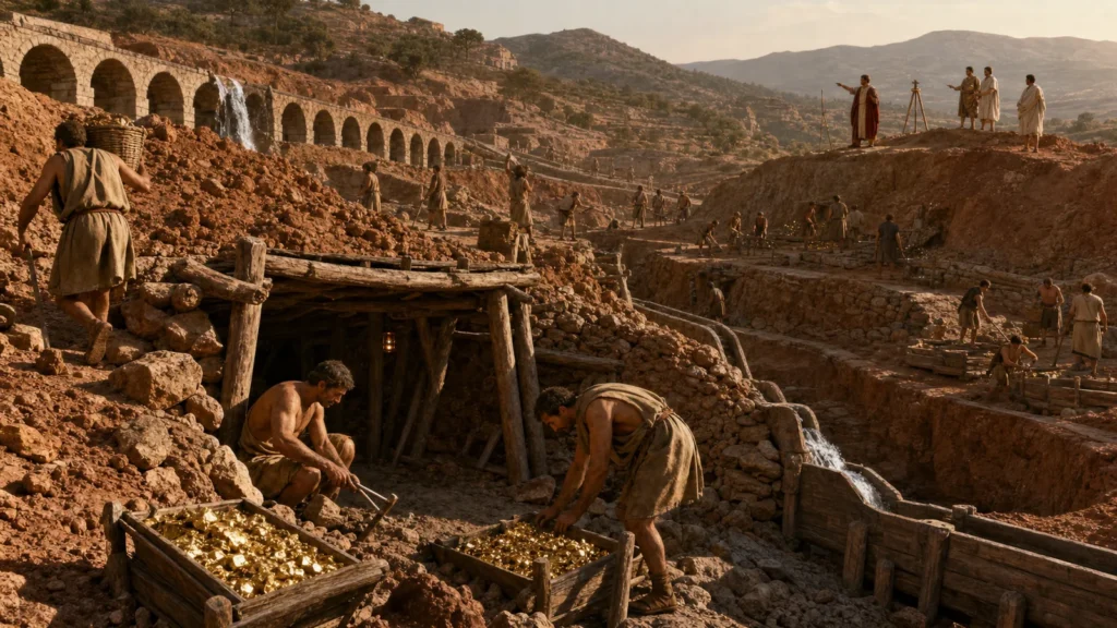 Roman gold mining complex with aqueducts and ancient miners
