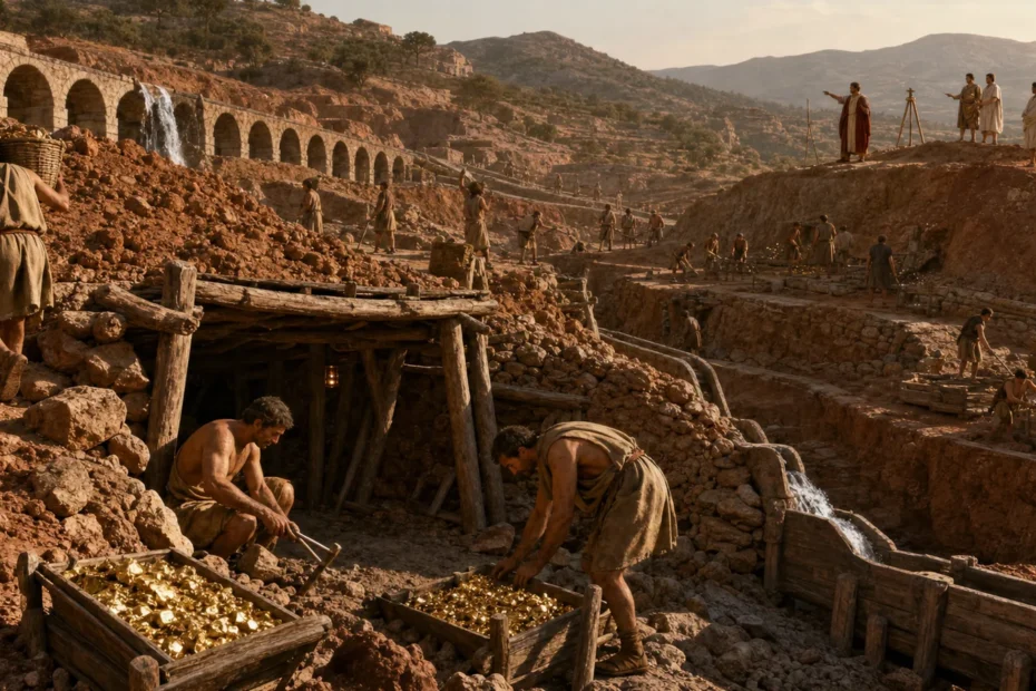 Roman gold mining complex with aqueducts and ancient miners