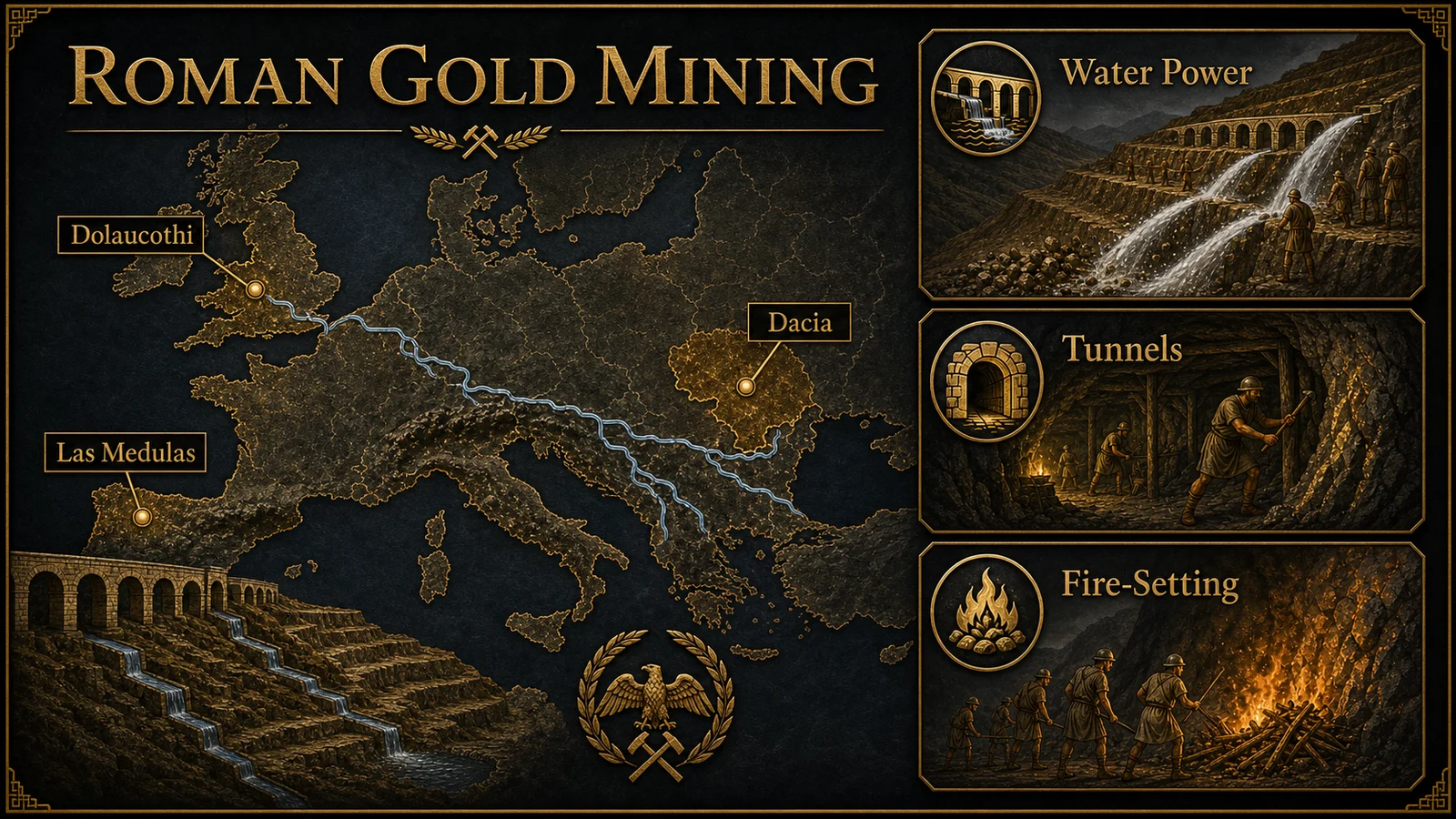 Infographic map of Roman gold mining locations and techniques